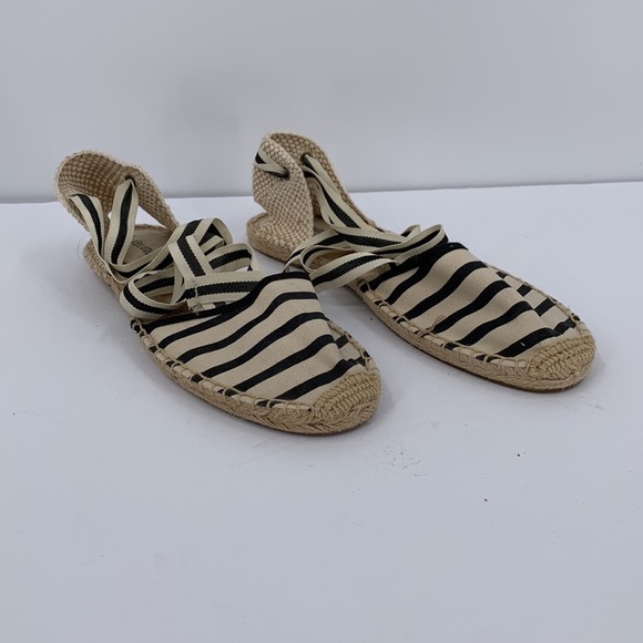 Soludos espadrille flat shoes canvas leg ankle tie cream black stripe 9.5 - Picture 4 of 7